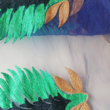 Blue Soft Net Lace Trim With Blue, Green And Gold Embroidered Leaves, Indian Trims